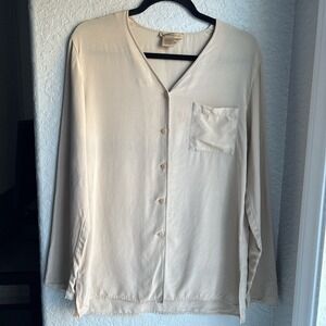 Womens Vtg Long Sleeve Tan Silk Button Down Blouse M Lightweight Neutral Chic